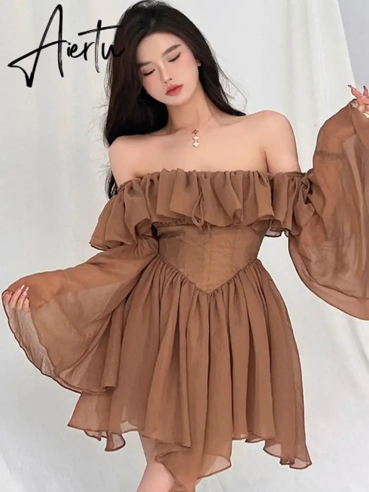 Fairy Dress Holiday Irregular Long Sleeve Beach dress summer Ruffle sexy Off Shoulder female high waist chic women short dresses Sundress Aiertu