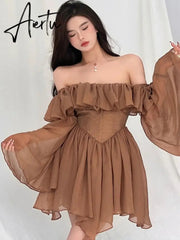 Fairy Dress Holiday Irregular Long Sleeve Beach dress summer Ruffle sexy Off Shoulder female high waist chic women short dresses Sundress Aiertu