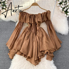 Fairy Dress Holiday Irregular Long Sleeve Beach dress summer Ruffle sexy Off Shoulder female high waist chic women short dresses Sundress Aiertu