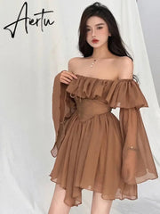 Fairy Dress Holiday Irregular Long Sleeve Beach dress summer Ruffle sexy Off Shoulder female high waist chic women short dresses Sundress Aiertu