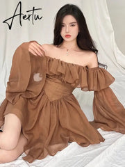 Fairy Dress Holiday Irregular Long Sleeve Beach dress summer Ruffle sexy Off Shoulder female high waist chic women short dresses Sundress Aiertu