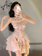 Fairy Dress Straps Dress Women Summer French Irregular Lace Ruffle Slim Halterneck Beach Dress Sexy Beachwear Ruched Slip Dress Femme Robe Aiertu