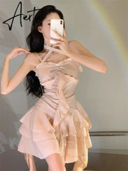 Fairy Dress Straps Dress Women Summer French Irregular Lace Ruffle Slim Halterneck Beach Dress Sexy Beachwear Ruched Slip Dress Femme Robe Aiertu