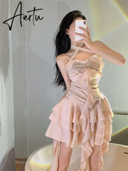Fairy Dress Straps Dress Women Summer French Irregular Lace Ruffle Slim Halterneck Beach Dress Sexy Beachwear Ruched Slip Dress Femme Robe Aiertu