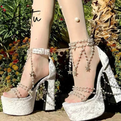 Fairy Girl's Pearl Beaded Platform Chunky Sandals Beading Necklace Chains Velvet High Heels Crystal Tassel One Line Lolita Shoes Aiertu