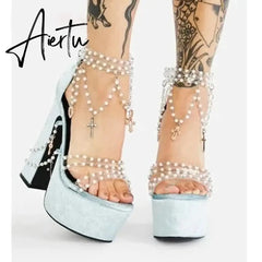 Fairy Girl's Pearl Beaded Platform Chunky Sandals Beading Necklace Chains Velvet High Heels Crystal Tassel One Line Lolita Shoes Aiertu
