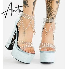 Fairy Girl's Pearl Beaded Platform Chunky Sandals Beading Necklace Chains Velvet High Heels Crystal Tassel One Line Lolita Shoes Aiertu