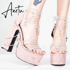Fairy Girl's Pearl Beaded Platform Chunky Sandals Beading Necklace Chains Velvet High Heels Crystal Tassel One Line Lolita Shoes Aiertu