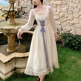 Fairy Pure Color Dress Women Autumn French Vintage Elegant Chiffon Dress Party Dress Lace Up One Piece Dress Korean Fashion Aiertu