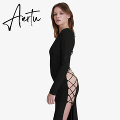 Fall Fashion Bandage Long Sleeve Sexy Backless Maxi Dress Women Clothing Elegant Club Party Split Dresses Aiertu