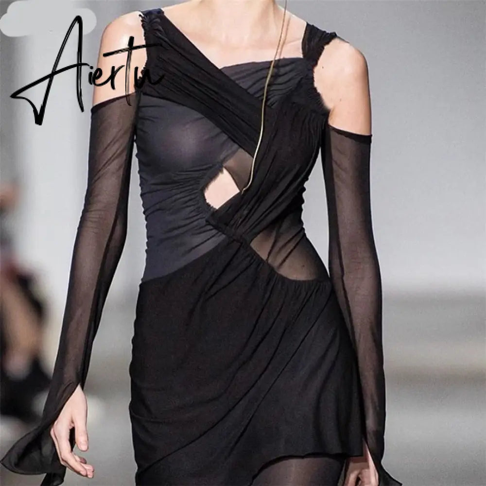 Fall Stacked Cut Out Hole Cotton Mini Dress Woman Chic Bare Shoulders Slim Strewear Gothic Casual Femme Patchwork Clothes Aiertu