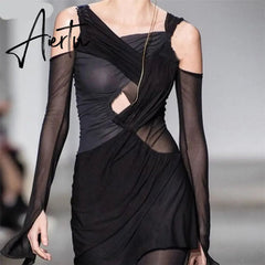 Fall Stacked Cut Out Hole Cotton Mini Dress Woman Chic Bare Shoulders Slim Strewear Gothic Casual Femme Patchwork Clothes Aiertu