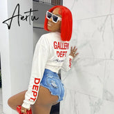 Fall Winter Fashion Streetwear Biker Y2K Grunge Clothes O Neck Long Sleeve Letter Print Oversized Crop Top Tshirt Aiertu
