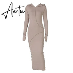 Fall Winter Hooded Long Dress Women Cotton Full Sleeve Bodycon Dresses Female Streetwear Casual Skinny Vestidos Outfits Aiertu