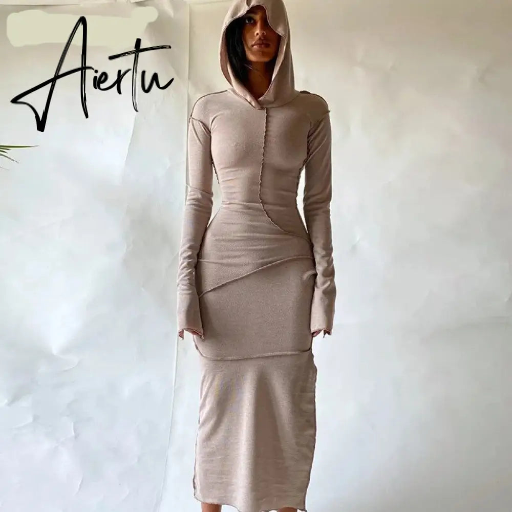 Fall Winter Hooded Long Dress Women Cotton Full Sleeve Bodycon Dresses Female Streetwear Casual Skinny Vestidos Outfits Aiertu