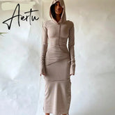 Fall Winter Hooded Long Dress Women Cotton Full Sleeve Bodycon Dresses Female Streetwear Casual Skinny Vestidos Outfits Aiertu