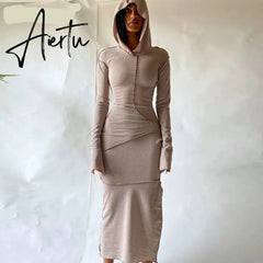 Fall Winter Hooded Long Dress Women Cotton Full Sleeve Bodycon Dresses Female Streetwear Casual Skinny Vestidos Outfits Aiertu