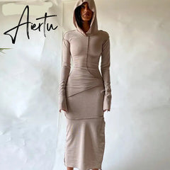 Fall Winter Hooded Long Dress Women Cotton Full Sleeve Bodycon Dresses Female Streetwear Casual Skinny Vestidos Outfits Aiertu