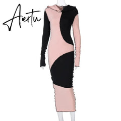 Fall Winter Hooded Long Dress Women Cotton Full Sleeve Bodycon Dresses Female Streetwear Casual Skinny Vestidos Outfits Aiertu