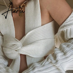 Fall Winter Knitted Crop Tops Sweaters Sleeveless Pullover Female Bandage Sweater Solid Chic Fashion Top Women Aiertu