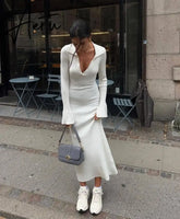 Fall Winter Long Sleeve Knitted Sweaters Dress for Women Elegant Outfits Deep V Neck Maxi Dresses Jersey Clothes Aiertu