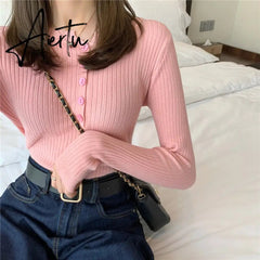 Fall Women Clothes Solid Slim Base Sweater Pull Femme Autumn Knitted Tops Female Pullovers Korean Style Women's Blouse Aiertu