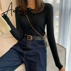 Fall Women Clothes Solid Slim Base Sweater Pull Femme Autumn Knitted Tops Female Pullovers Korean Style Women's Blouse Aiertu