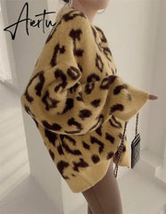 FANIECES Leopard Print Oversized Sweater Pullovers Autumn Loose Batwing Sleeve O-Neck Warm Jumper Casual Streetwear Pull Femme Aiertu