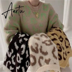 FANIECES Leopard Print Oversized Sweater Pullovers Autumn Loose Batwing Sleeve O-Neck Warm Jumper Casual Streetwear Pull Femme Aiertu