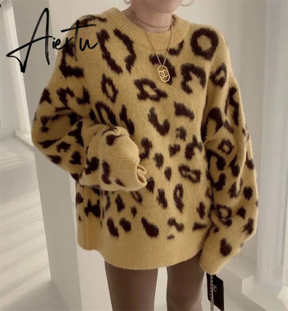 FANIECES Leopard Print Oversized Sweater Pullovers Autumn Loose Batwing Sleeve O-Neck Warm Jumper Casual Streetwear Pull Femme Aiertu