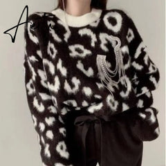 FANIECES Leopard Print Oversized Sweater Pullovers Autumn Loose Batwing Sleeve O-Neck Warm Jumper Casual Streetwear Pull Femme Aiertu