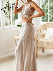 Fashion 2 Pcs Outfits Pants Sleeveless Summer Crop Top Pants Suit Lady Solid Wide Leg Shirring Casual Beach Set Aiertu