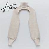 Fashion Autumn Women Female Solid Color High Collar Long Sleeve Mini Sweater Knitwear Pullover Black/Apricot Aiertu