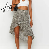 Fashion Beach Bottoms Women Zebra Printed High Waist Wrap Skirts High Wiast Ruffle Irregulr Hem Midi Skirt Female Casual Clothes Aiertu