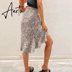 Fashion Beach Bottoms Women Zebra Printed High Waist Wrap Skirts High Wiast Ruffle Irregulr Hem Midi Skirt Female Casual Clothes Aiertu