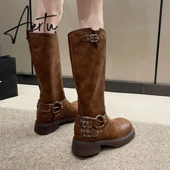 Fashion Belt Buckle Gothic Boots for Women Brown Thick Heels Knee High Combat Boots Woman Plus Size 42 Punk Long Botas Female Aiertu