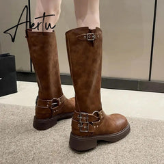 Fashion Belt Buckle Gothic Boots for Women Brown Thick Heels Knee High Combat Boots Woman Plus Size 42 Punk Long Botas Female Aiertu