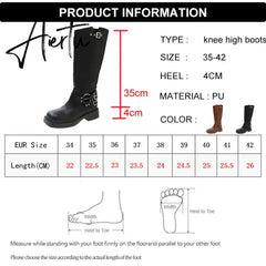 Fashion Belt Buckle Gothic Boots for Women Brown Thick Heels Knee High Combat Boots Woman Plus Size 42 Punk Long Botas Female Aiertu