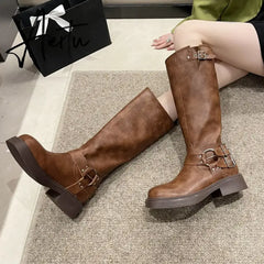 Fashion Belt Buckle Gothic Boots for Women Brown Thick Heels Knee High Combat Boots Woman Plus Size 42 Punk Long Botas Female Aiertu