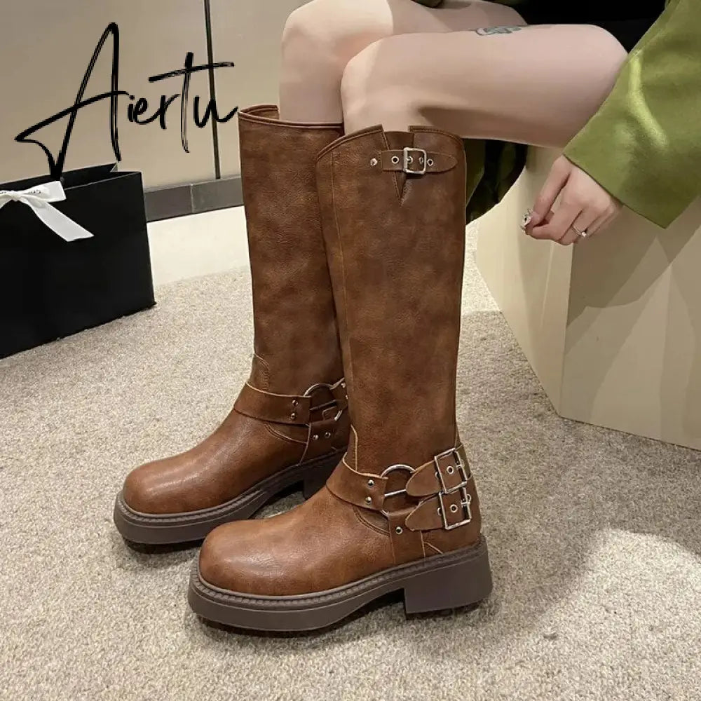 Fashion Belt Buckle Gothic Boots for Women Brown Thick Heels Knee High Combat Boots Woman Plus Size 42 Punk Long Botas Female Aiertu
