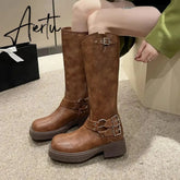 Fashion Belt Buckle Gothic Boots for Women Brown Thick Heels Knee High Combat Boots Woman Plus Size 42 Punk Long Botas Female Aiertu