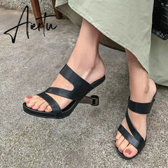 Fashion Brand Genuine Leather Open Toe Slippers Ladies Strange Style High Heels Slides Summer Outdoor Sandals Ladies Shoes Aiertu