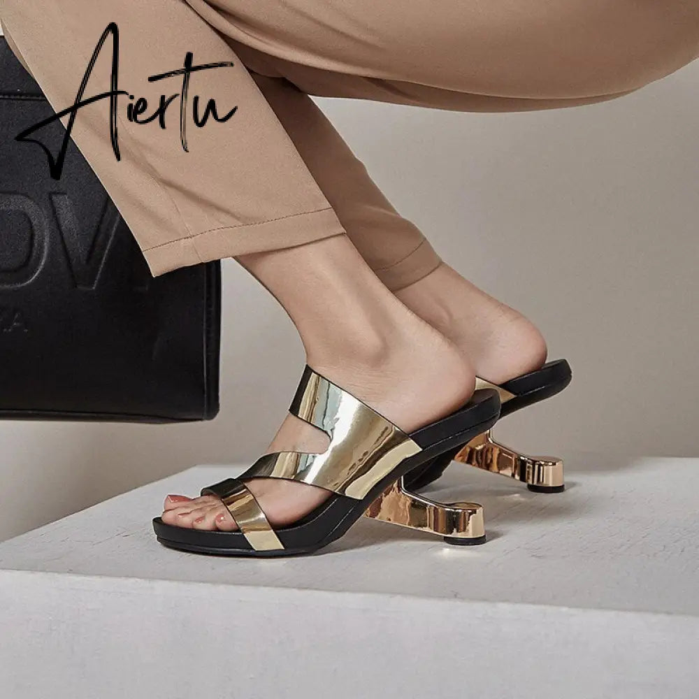 Fashion Brand Genuine Leather Open Toe Slippers Ladies Strange Style High Heels Slides Summer Outdoor Sandals Ladies Shoes Aiertu