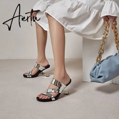 Fashion Brand Genuine Leather Open Toe Slippers Ladies Strange Style High Heels Slides Summer Outdoor Sandals Ladies Shoes Aiertu