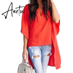 Fashion Casual Women Irregular V-Neck Blouse Half Flare Sleeve Loose Shirt Top Aiertu