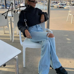Fashion Denim Ripped Distressed Jeans Woman High Waist Flare Pants Bottom Streetwear Trousers Pants Jeans Ladies Aiertu