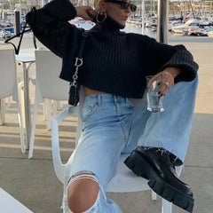 Fashion Denim Ripped Distressed Jeans Woman High Waist Flare Pants Bottom Streetwear Trousers Pants Jeans Ladies Aiertu