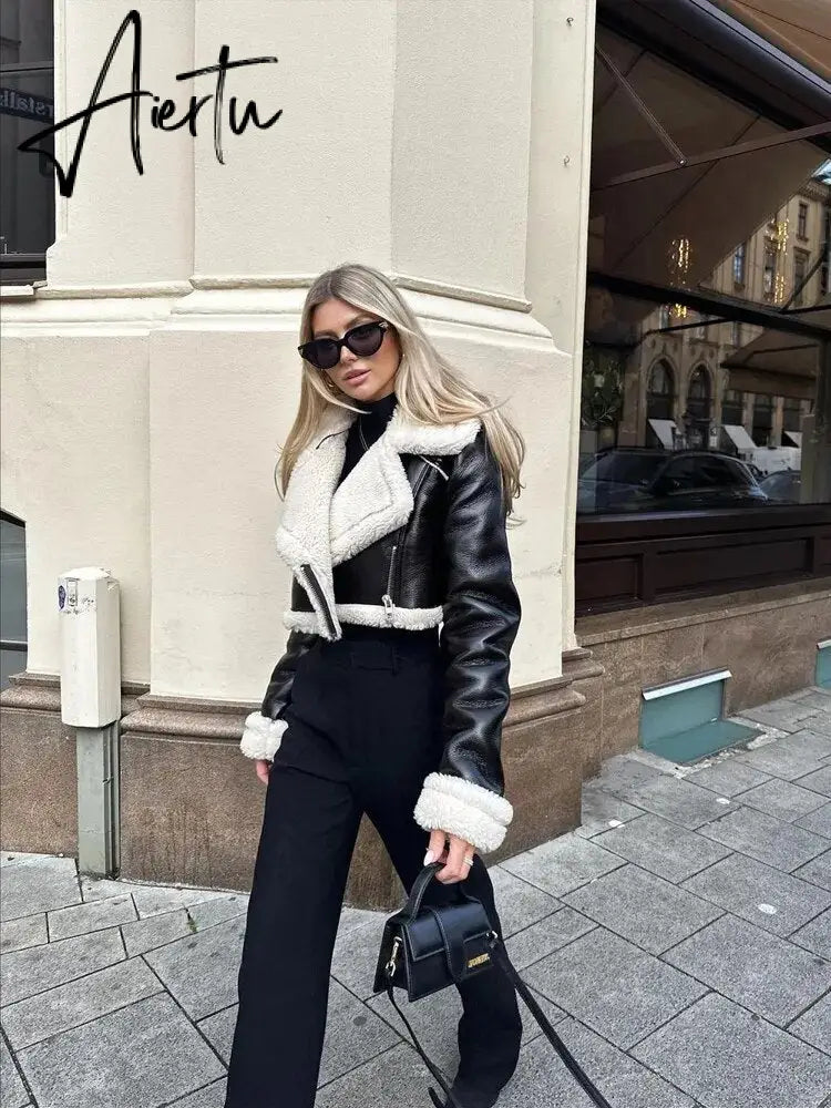 Fashion Double Sided Short Jacket Women Warm Thick Lapel Lambswool Coat Autumn Winter Vintage Female Fleece Chic Tops Aiertu