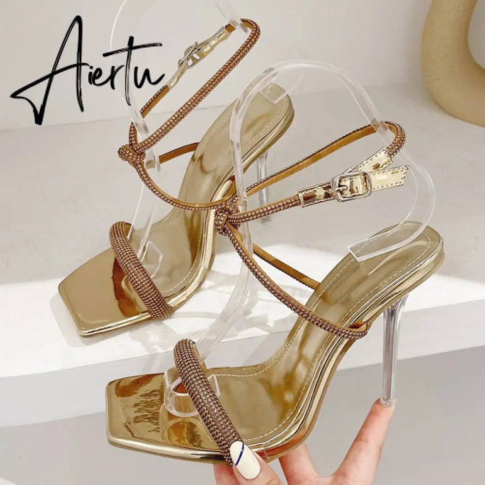 Fashion Golden Silver Rhinestone Women's Sandals Summer Party Wedding Shoes Open Toe Buckle Strap Transparent High Heels Aiertu