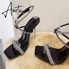 Fashion Golden Silver Rhinestone Women's Sandals Summer Party Wedding Shoes Open Toe Buckle Strap Transparent High Heels Aiertu